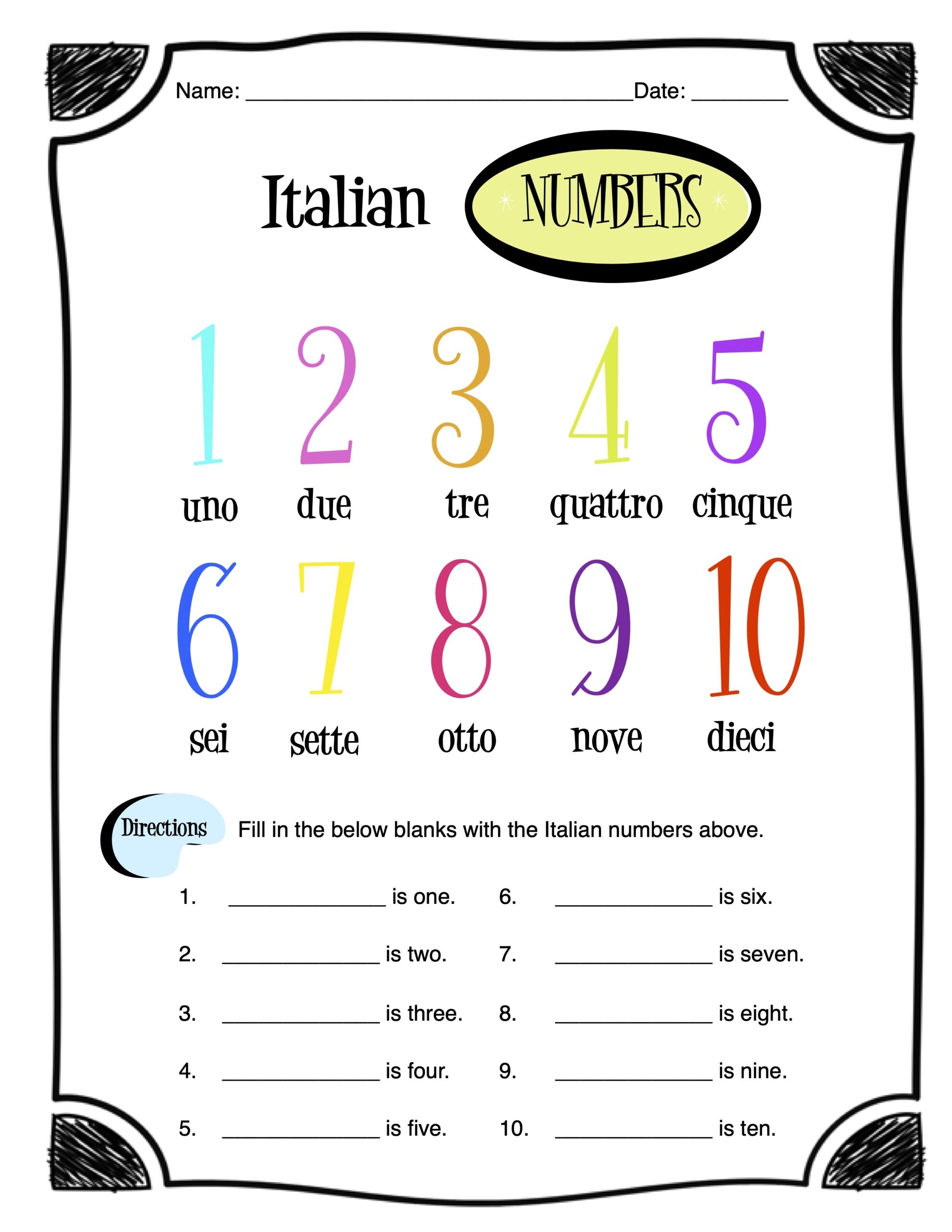 Italian Numbers 1 10 Worksheet Packet Made By Teachers