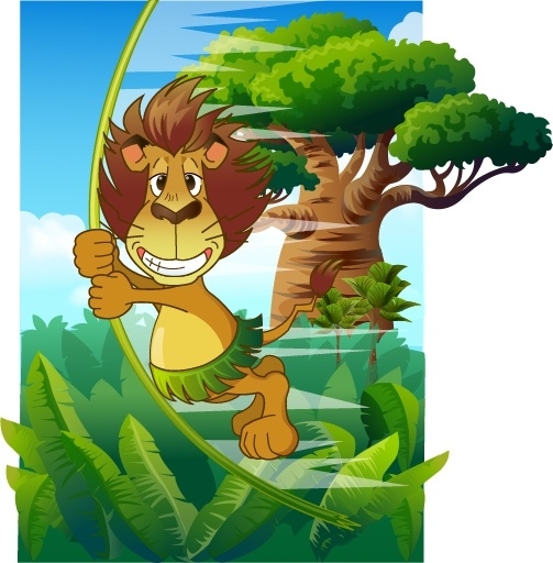 Jungle Painting Funny Stylized Lion Colored Cartoon Design Vectors 