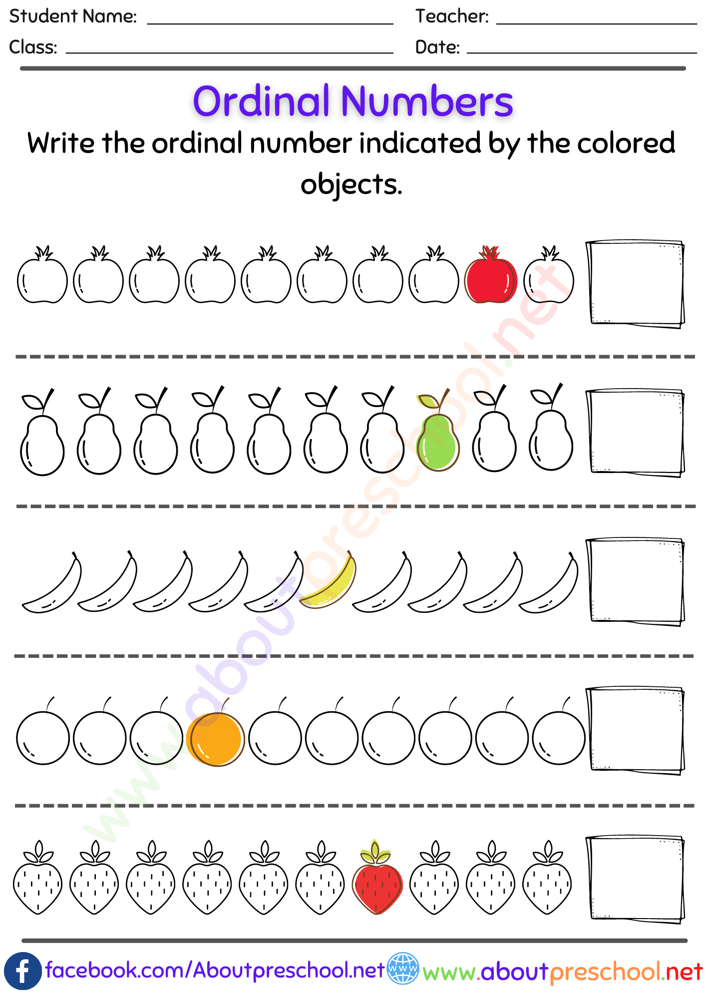worksheet on ordinal numbers