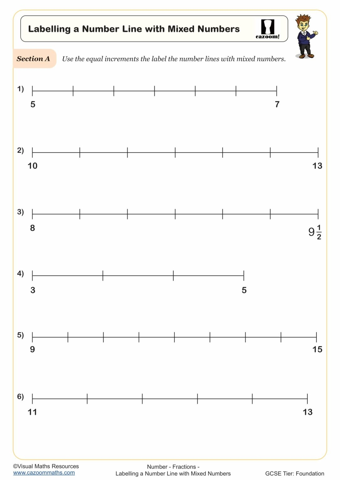 Labelling A Number Line With Mixed Numbers Printable PDF Year 7 And 
