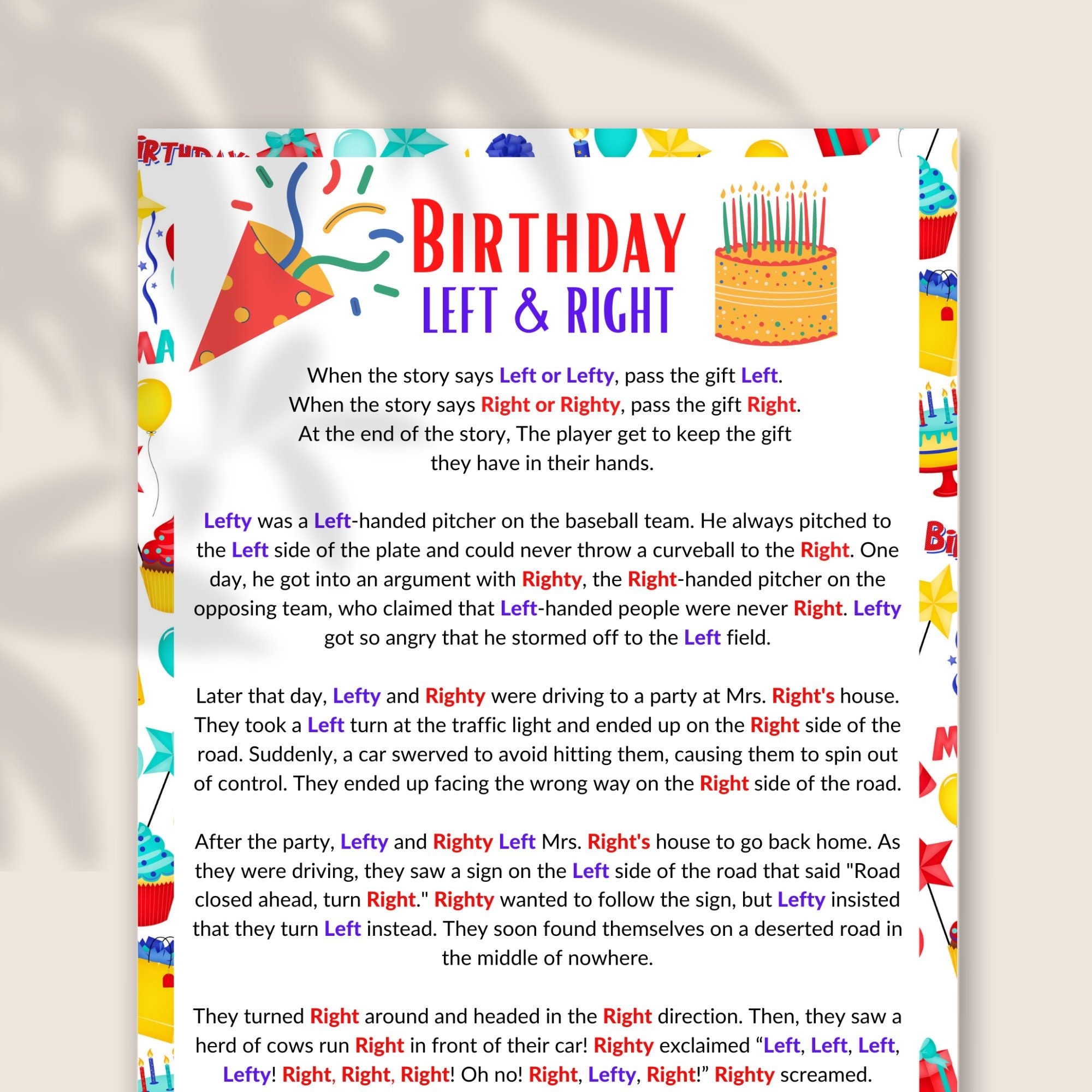 free printable birthday left right game
