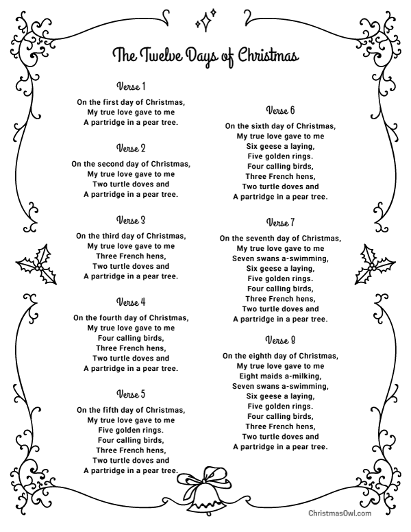 Lyrics To 12 Days Of Christmas Printable Printable Sight Words List