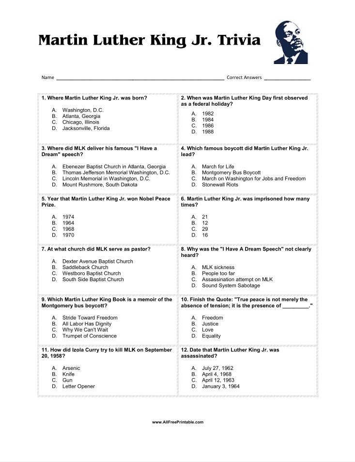 Martin Luther King Jr Trivia Free Printable