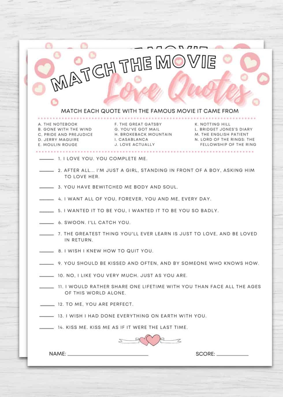 Match The Movie Love Quotes Printable Bridal Shower Game