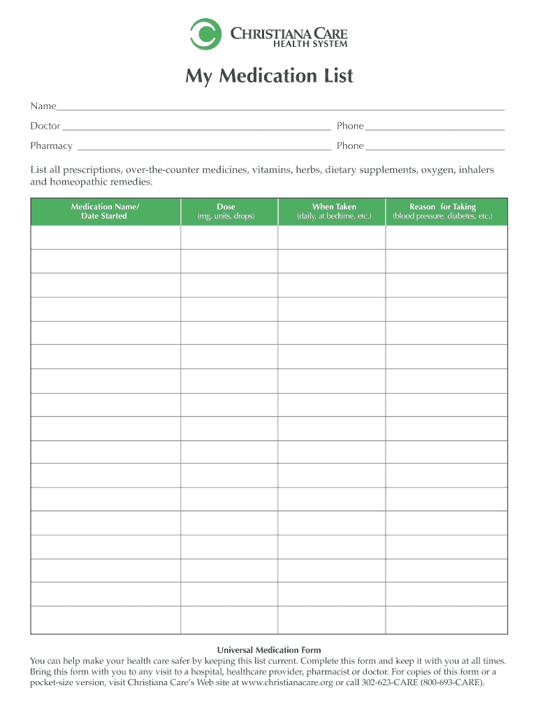 Medication List Form Fill Online Printable Fillable Throughout
