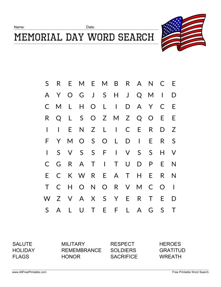Memorial Day Word Search For Kids Free Printable