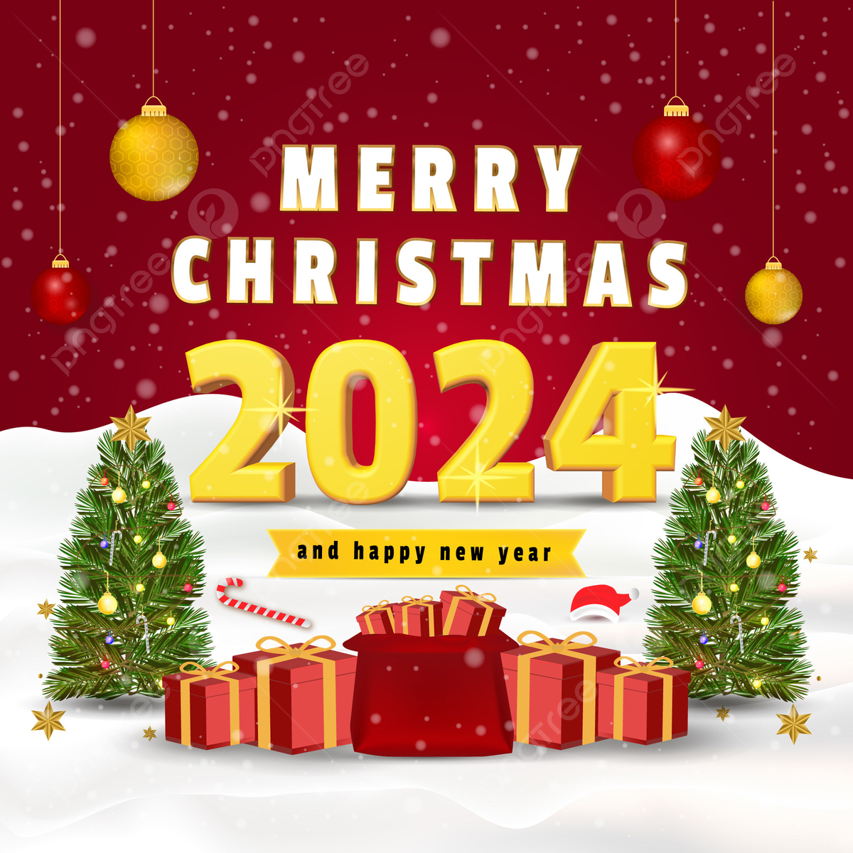 Merry Christmas 2024 And Happy New Year With Big Tree Template Vector 