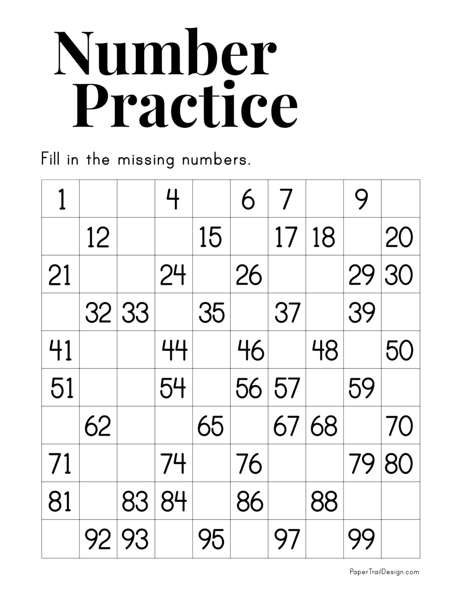 filling the missing numbers worksheet