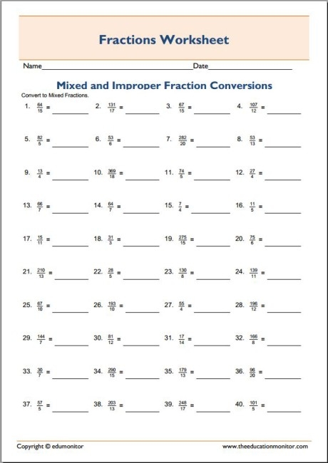 improper fractions and mixed numbers worksheet