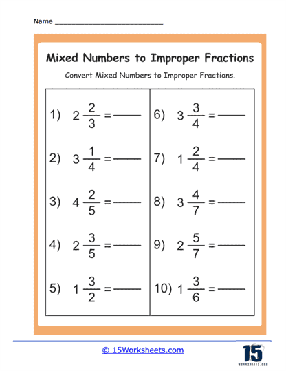 Mixed Numbers To Improper Fractions Worksheet examples Answers 