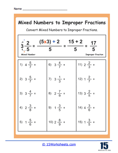 convert improper fractions to mixed numbers worksheets
