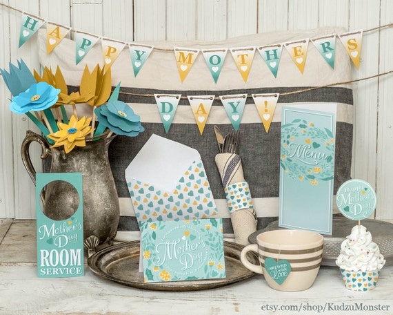 Mother 39 s Day Breakfast In Bed Printable DIY Kit Paper Flowers Card 
