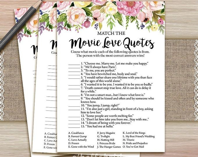Movie Love Quote Match Game Printable Pink Floral Bridal Shower Movie 