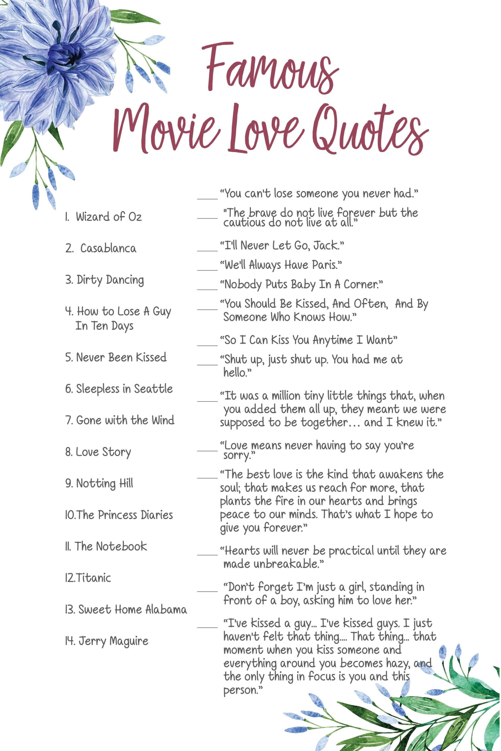 Movie Love Quotes Wedding Shower Game Bridal Shower Games Etsy 