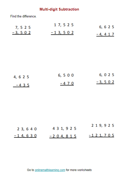 Multi digit Subtraction Worksheets answers Printable Online