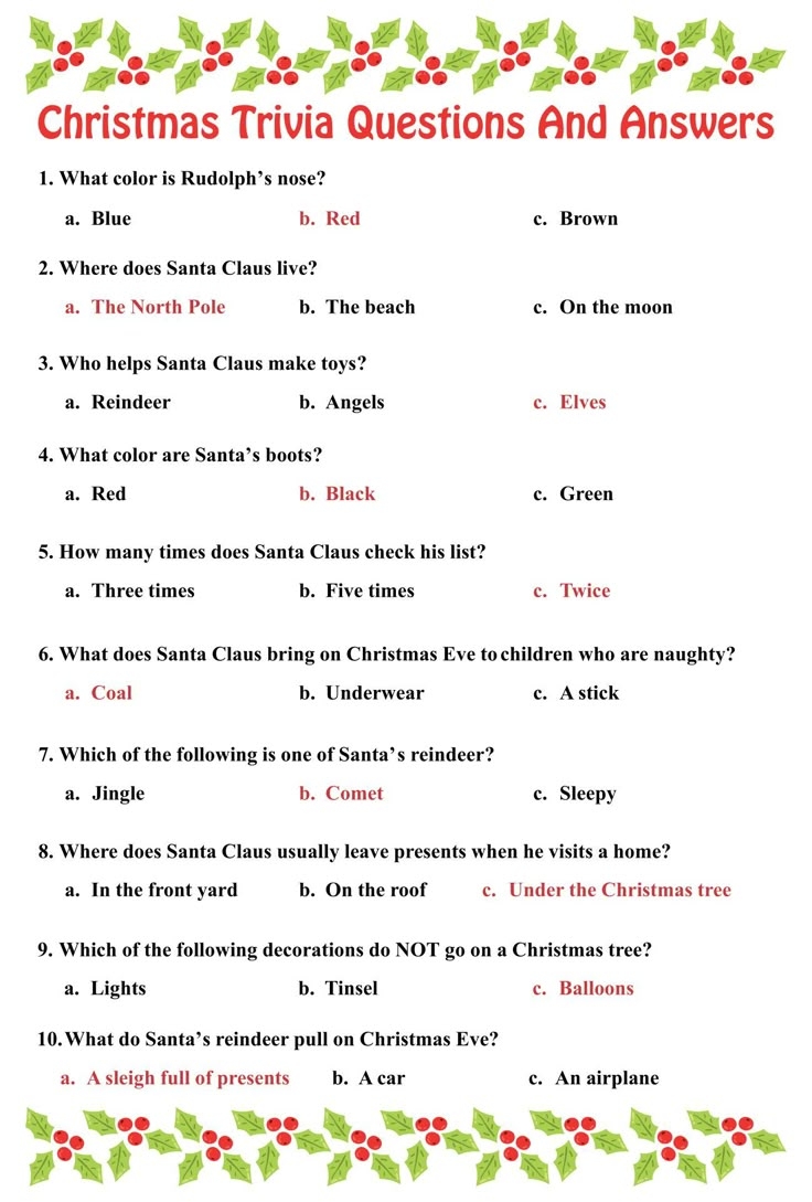 Multiple Choice Easy Christmas Trivia Questions And Answers Printable 