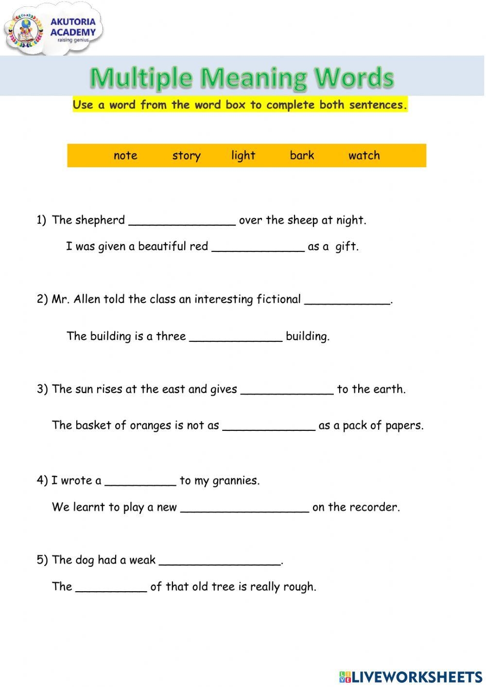 Multiple Meaning Words Interactive Exercise For Grade 2 Live 
