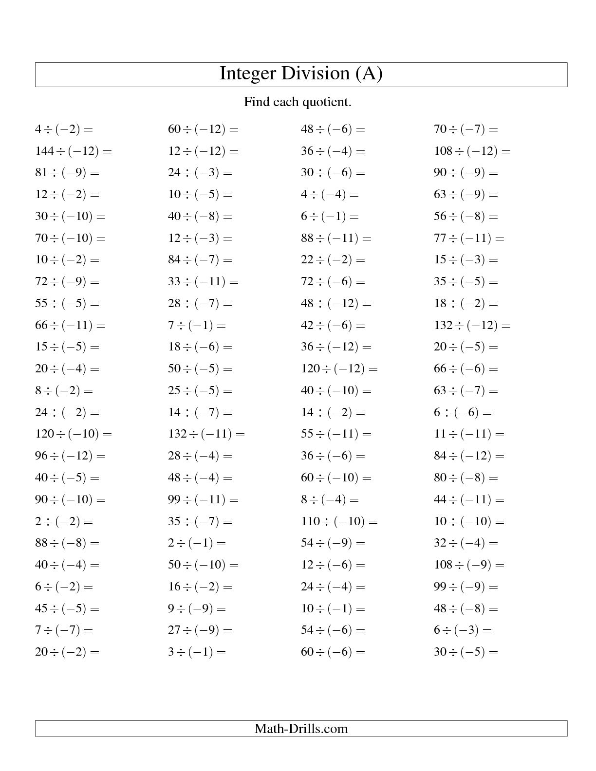 multiplication of positive and negative numbers worksheet