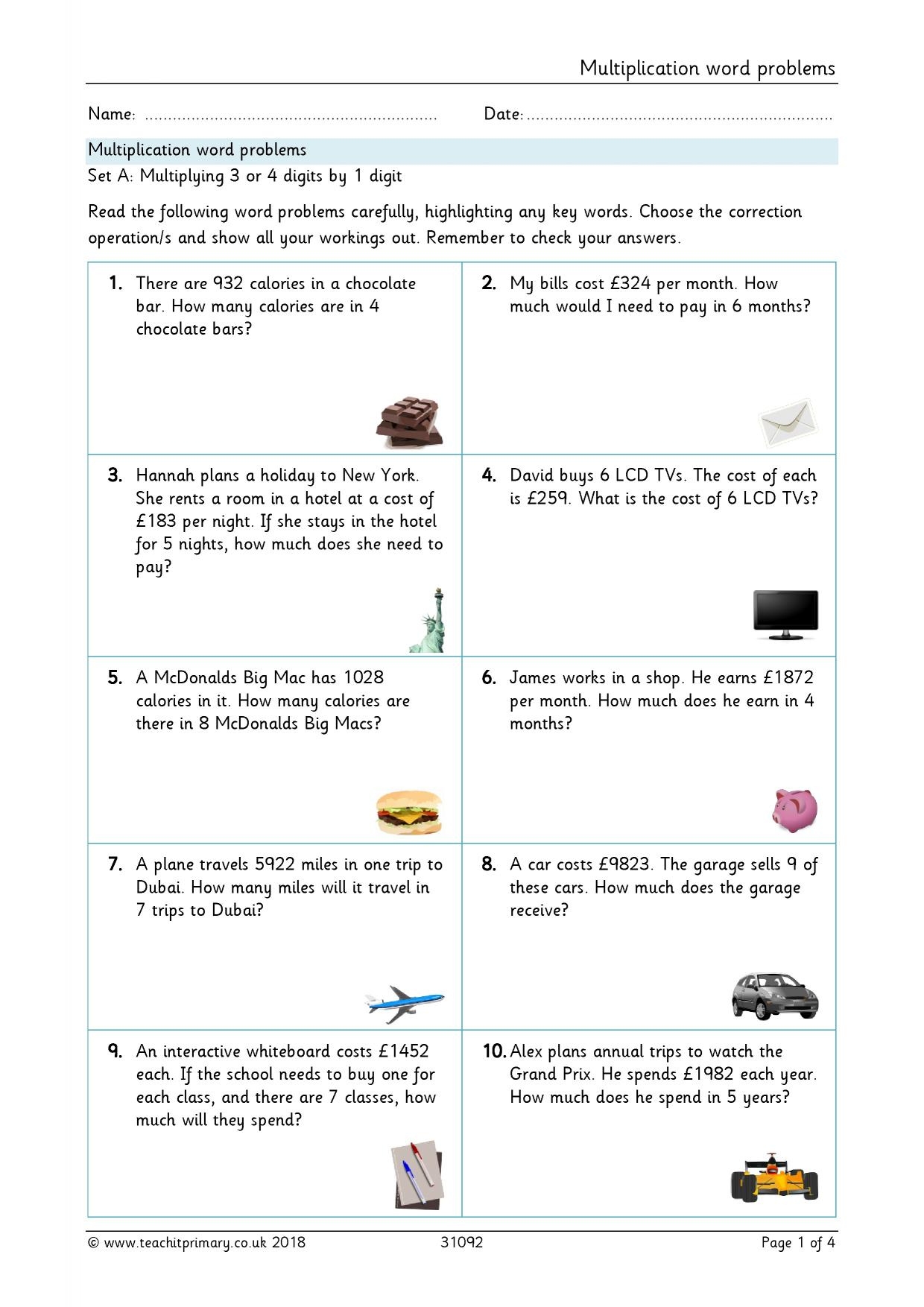 Multiplication Word Problems Worksheets Multiplication Worksheets