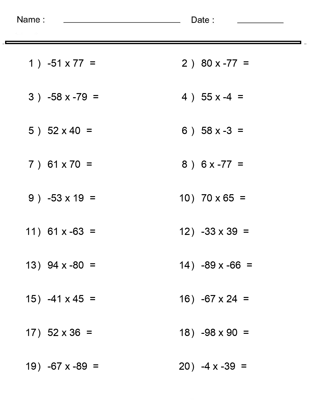 Multiplication Worksheets Negative Numbers Multiplication Worksheets 