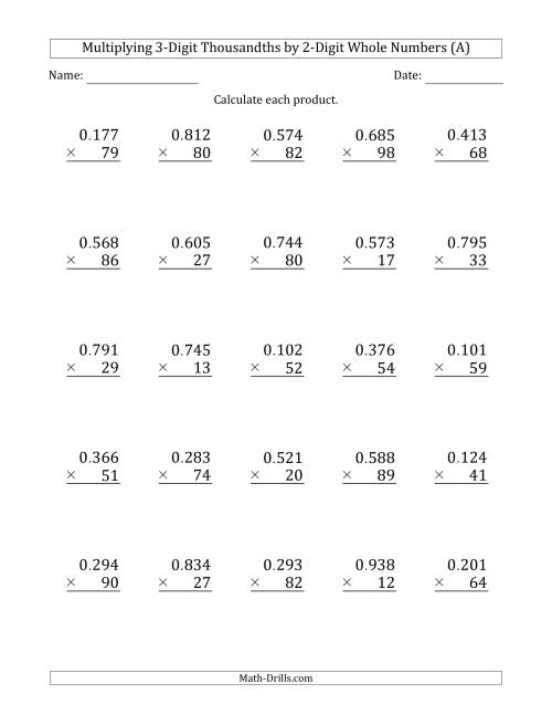 multiplication of whole numbers and decimals worksheet