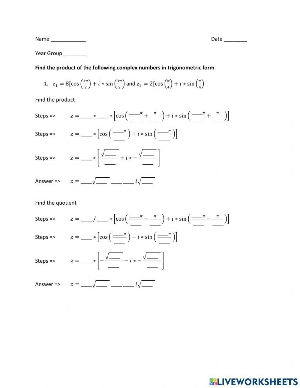 Multiplying And Dividing Complex Numbers Worksheets Worksheets Library