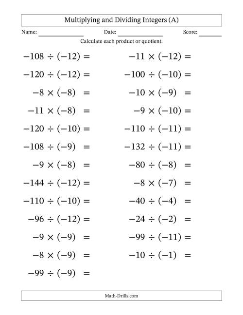 Multiplying And Dividing Negative And Negative Integers From 12 