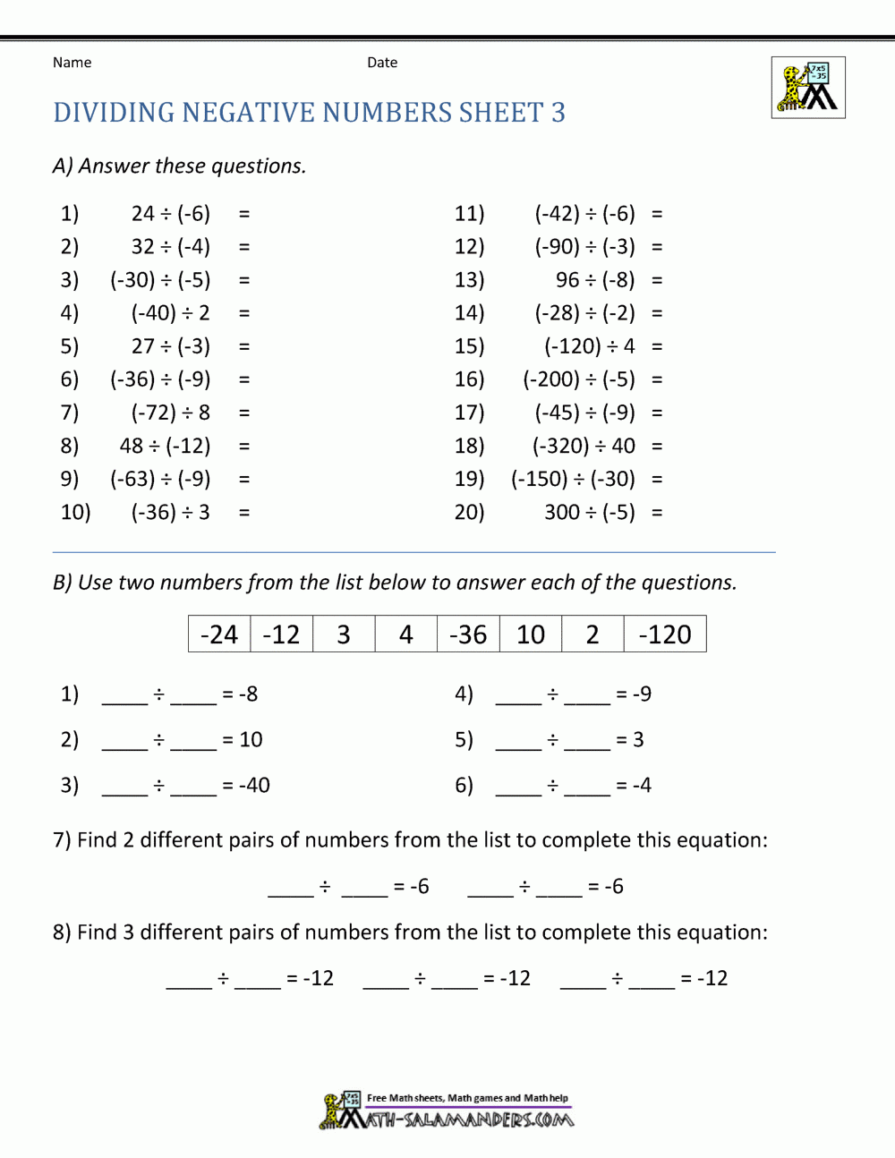 Multiplying And Dividing Negative Numbers Worksheet