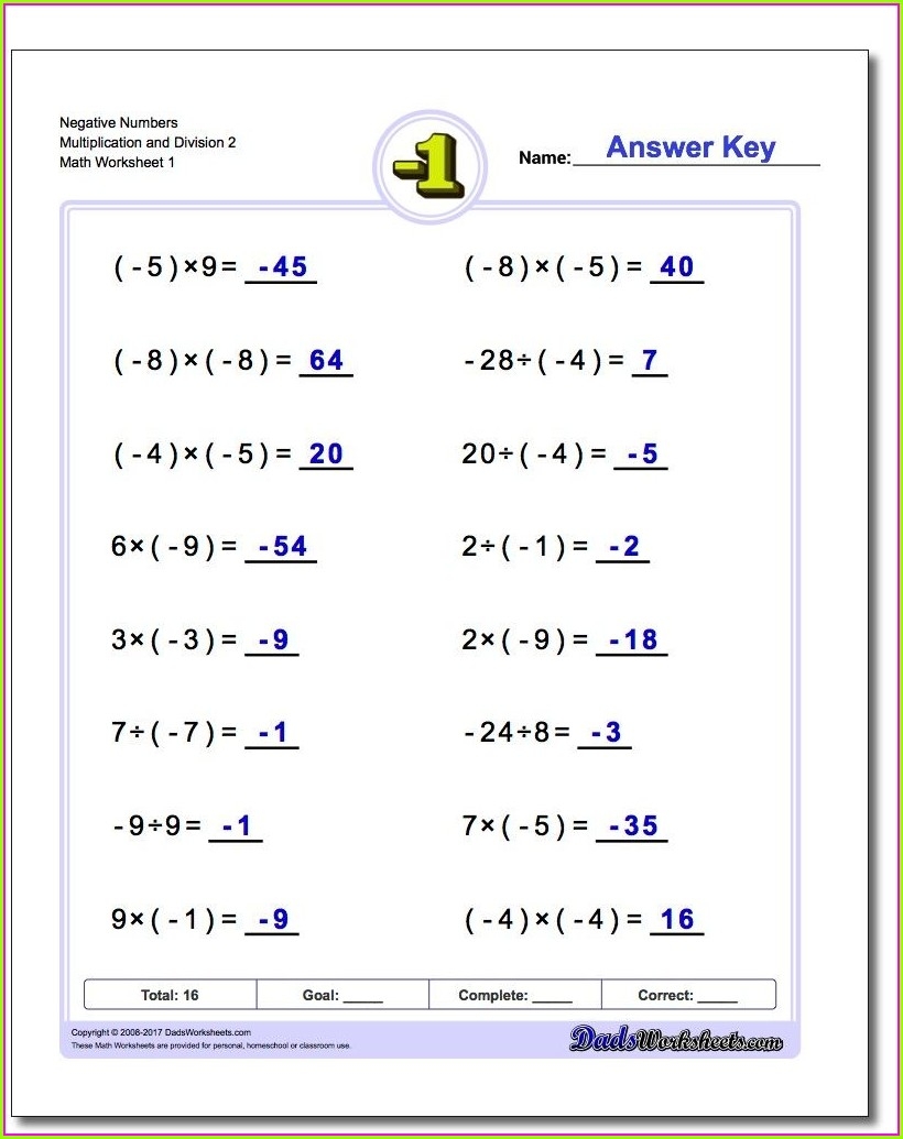 Multiplying And Dividing Negative Numbers Worksheet