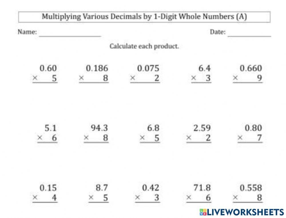 Multiplying Decimals By Whole Number Worksheet Live Worksheets