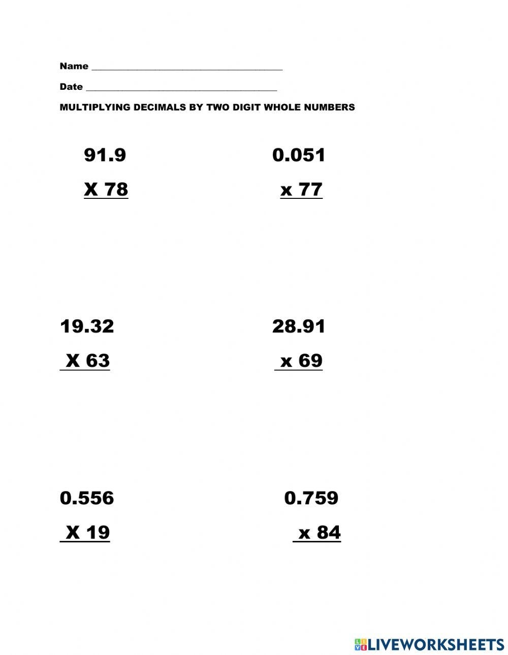Multiplying Decimals By Whole Numbers Interactive Worksheet Live 