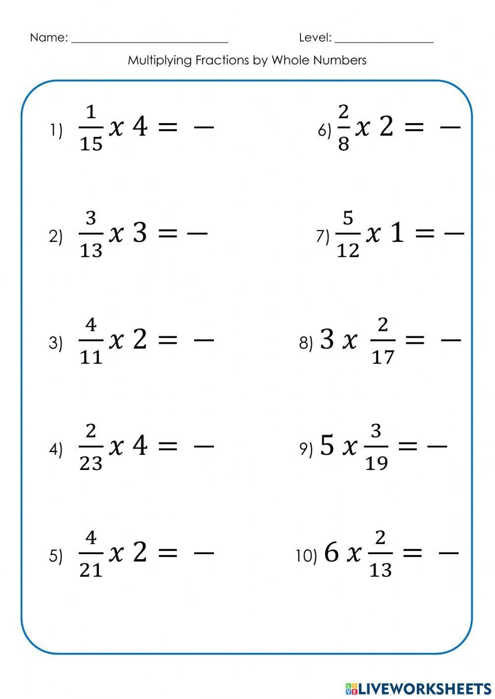 multiplying fractions times whole numbers worksheets