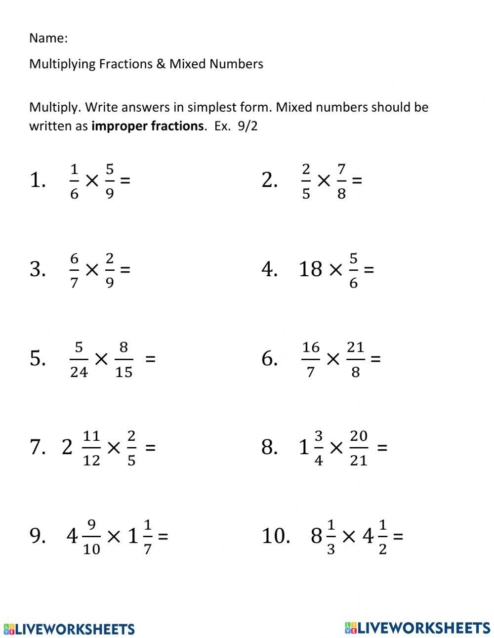 Multiplying Fractions Online Worksheet For Grade 6 Live Worksheets 