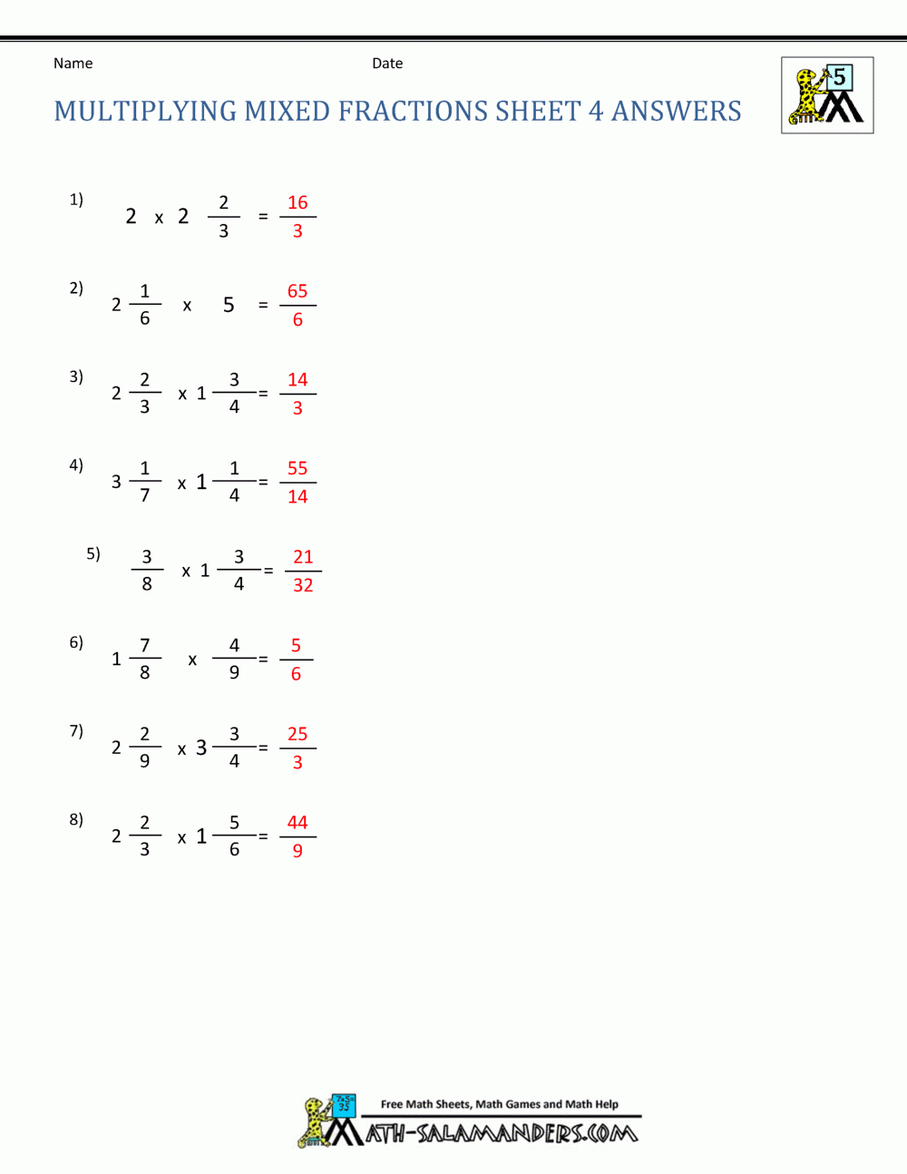 multiplying mixed numbers and fractions worksheet