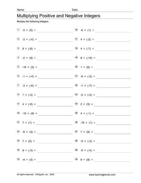 Multiplying Positive And Negative Numbers Worksheet 