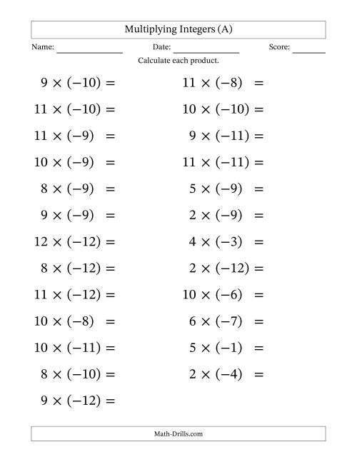 Multiplying Positive By Negative Integers From 12 To 12 25