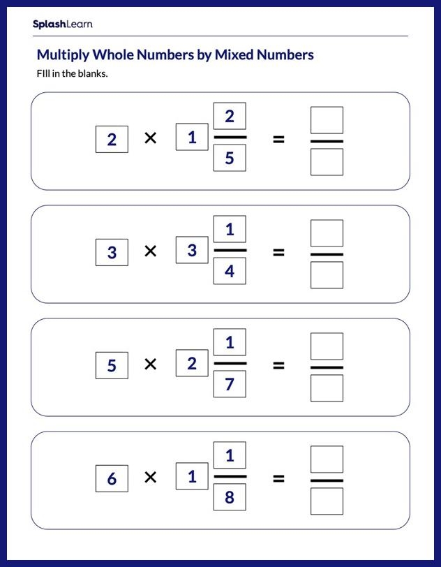 Multiplying Whole Numbers By Mixed Numbers Math Worksheets