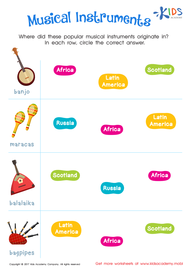 Musical Instruments Printable Free Social Studies Worksheet For Kids