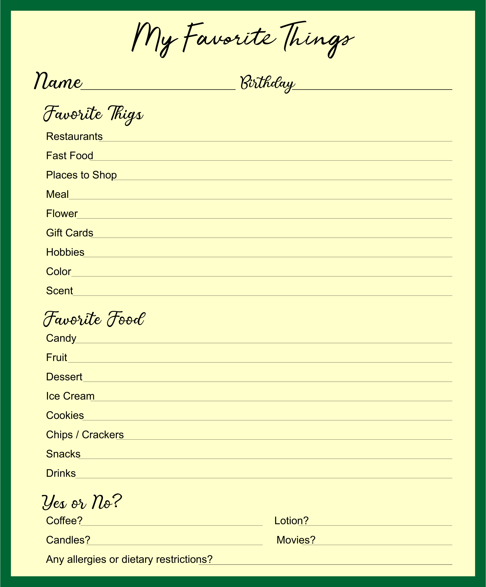 my favorite things printable activities