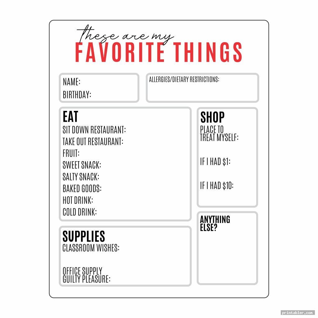 My Favorite Things Printable Template Printable Word Searches
