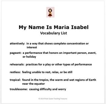 My Name Is Maria Isabel Vocabulary Activities TpT
