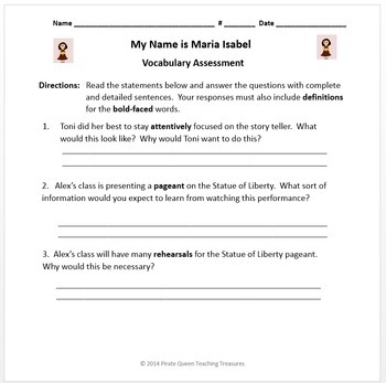 My Name Is Maria Isabel Vocabulary Activities TpT