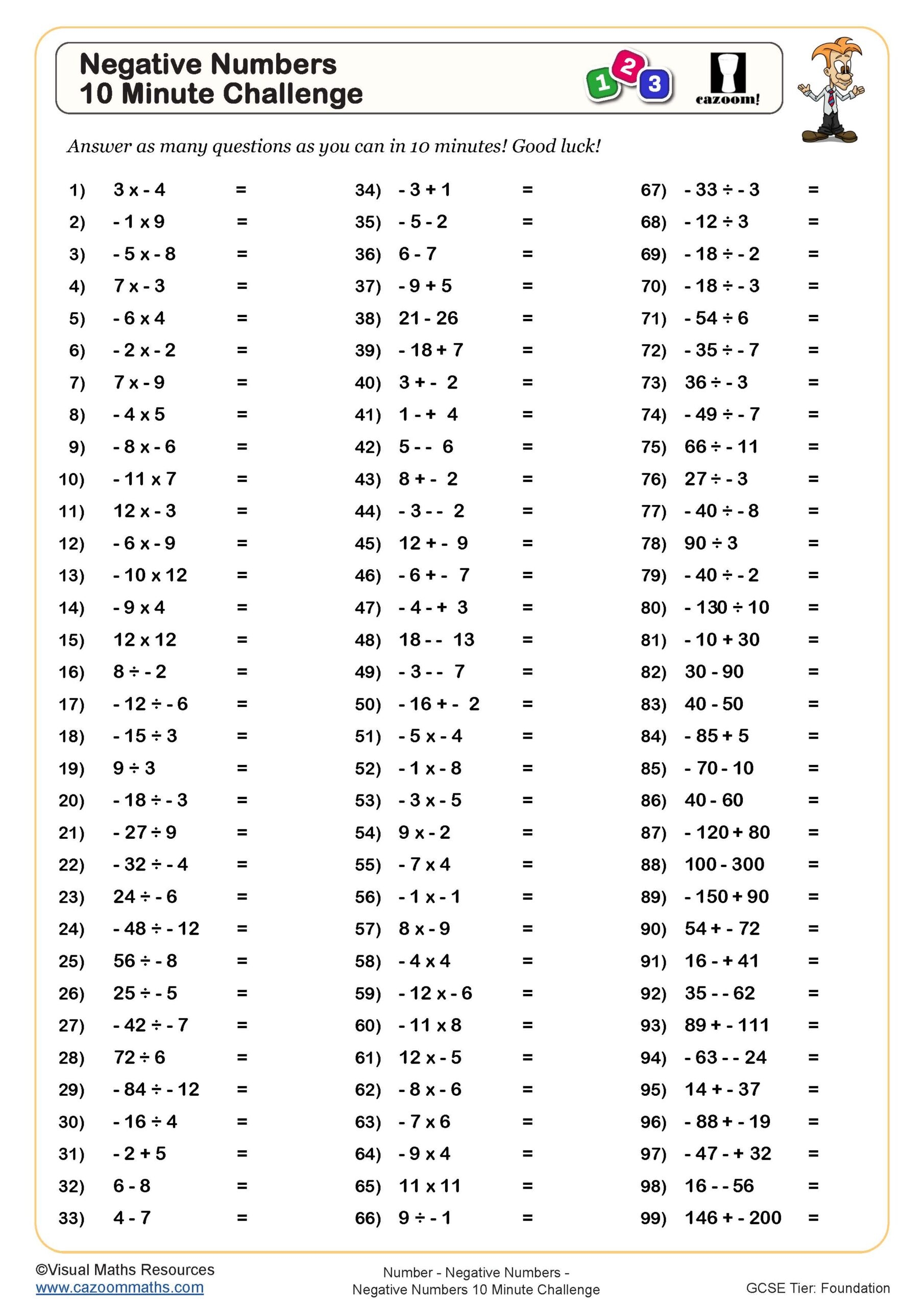 operations with negative numbers worksheet