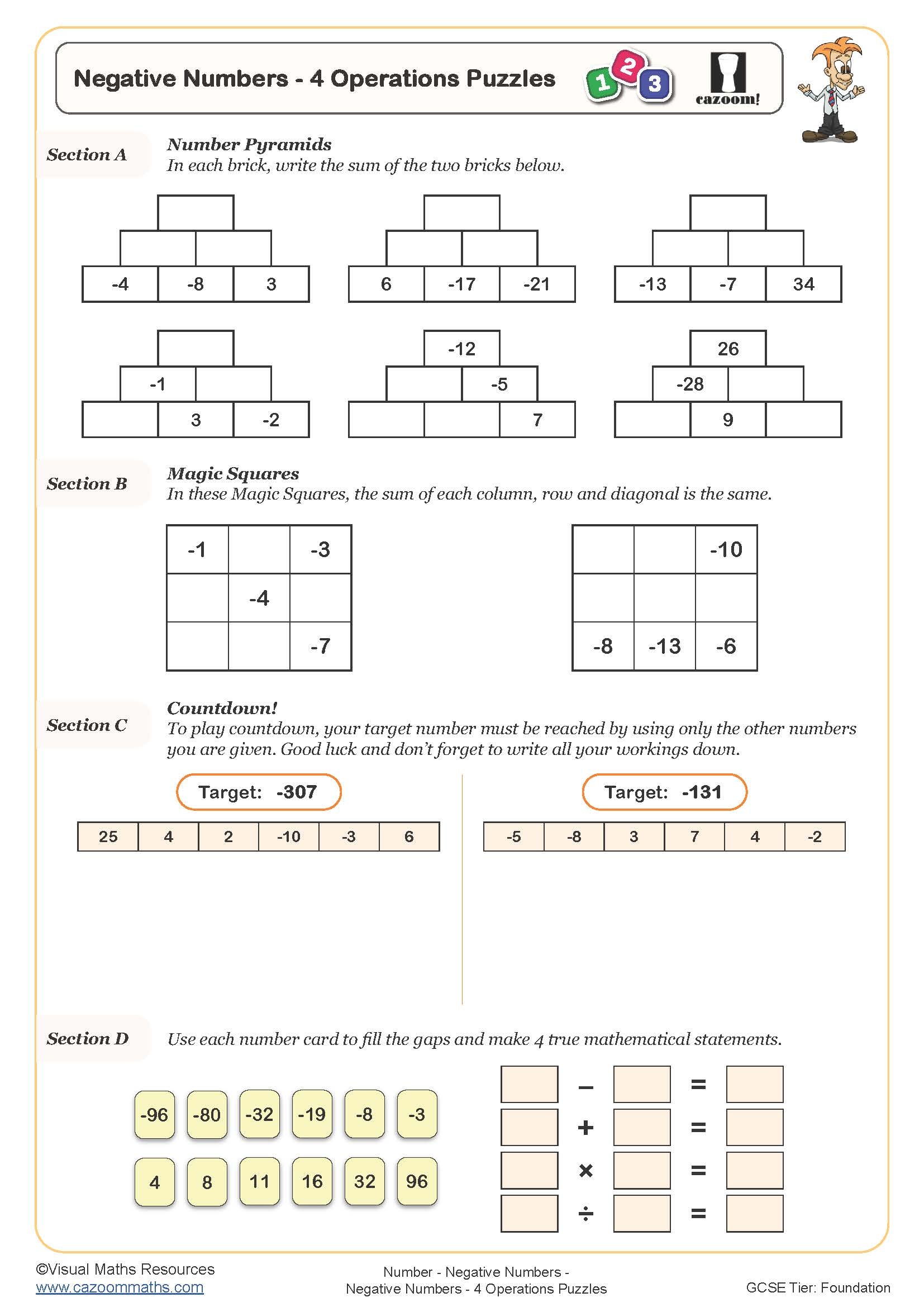 Negative Numbers 4 Operations Puzzles Worksheet Cazoom Maths 