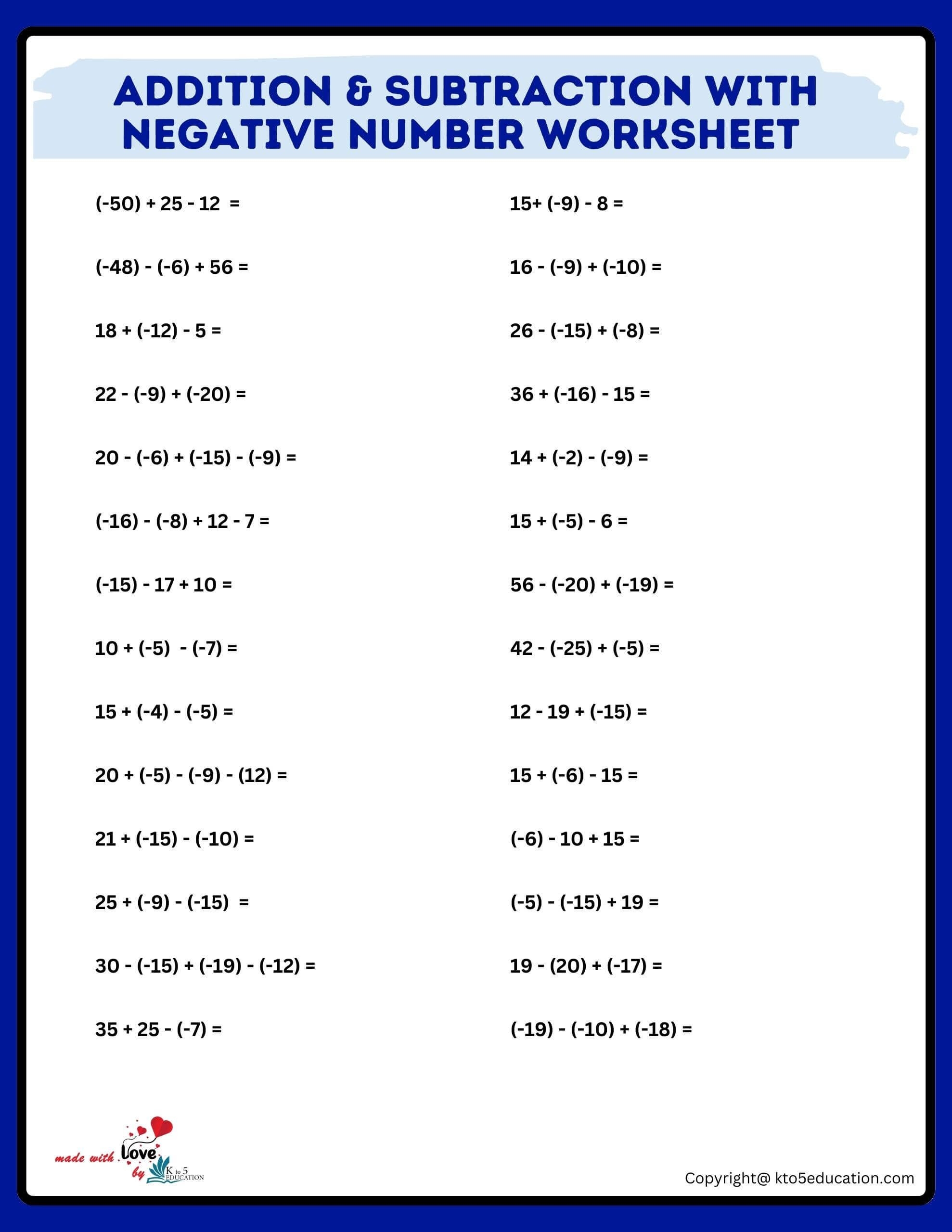 Negative Numbers Addition And Subtraction Worksheet Printable Word