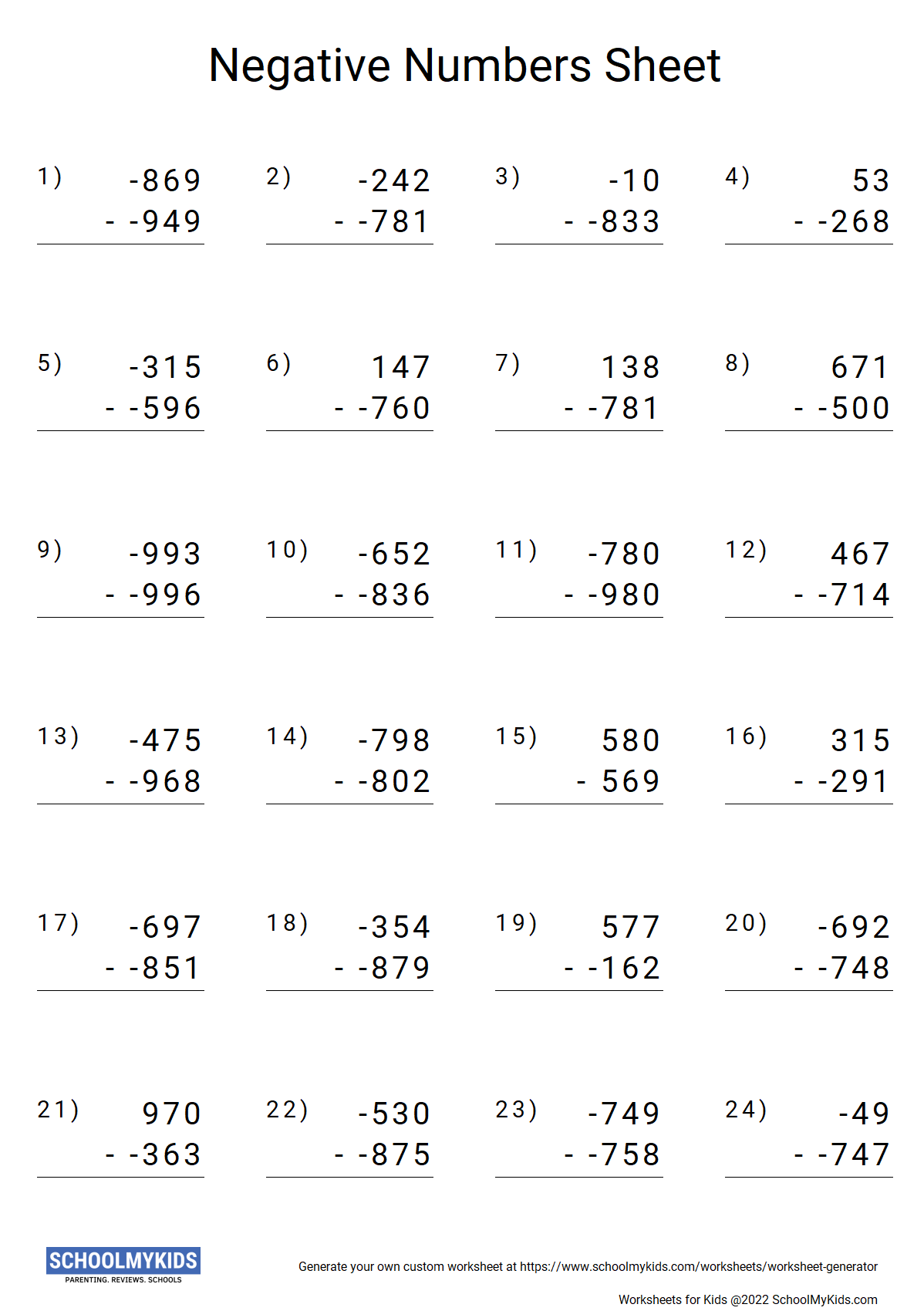 Negative Numbers Subtraction Worksheet Generator Undefined Worksheet 