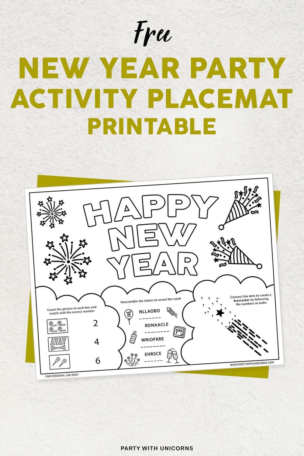 New Years Printable Activity Sheets For Kids Party With Unicorns
