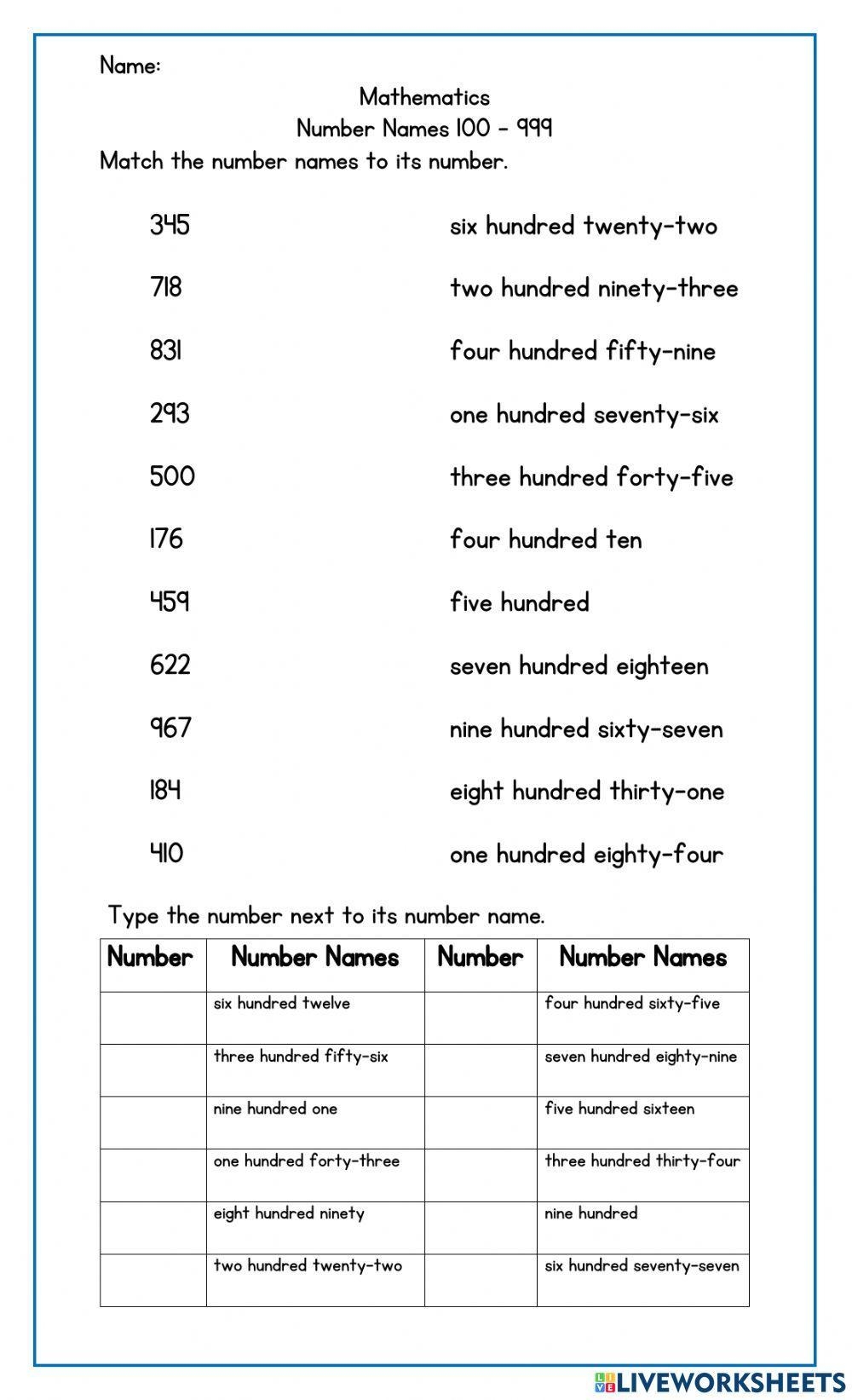 numbers and number names worksheet