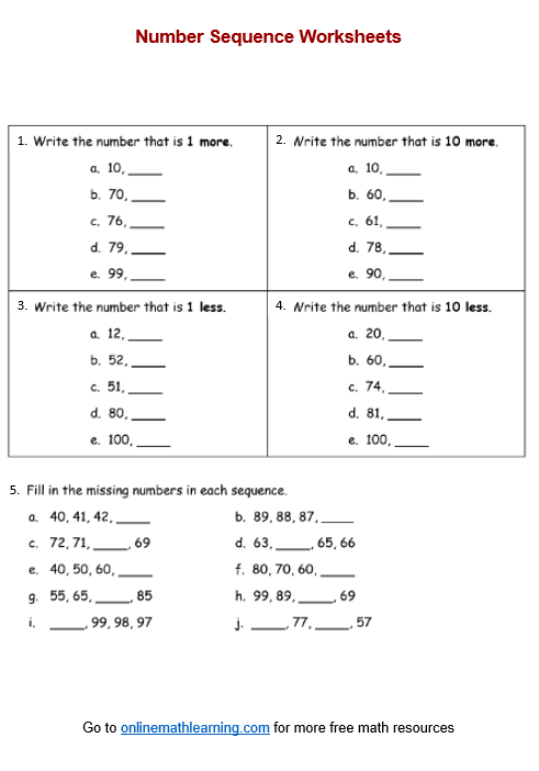 Number Sequence Worksheets First Grade Printable Answers 