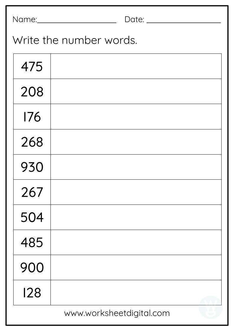 write words in numbers worksheet